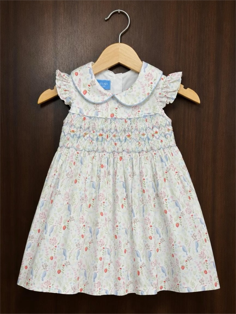 Anavini Girls 24M Hand Smocked Dress Strawberry Bird Floral Peter Pan Collar - Picture 4 of 6